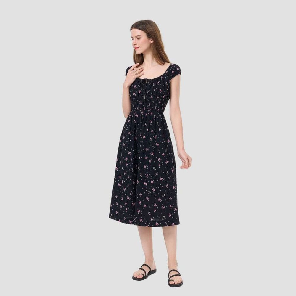 Women's Cap Sleeve Boho Midi Dress - Universal Thread Black Floral M - Picture 3 of 3